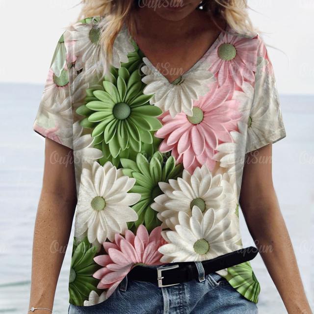Damen T-Shirt Sommer 3D Blumen T-Shirt Übergröße Damenbekleidung Übergroßes Designer Kurzarmshirt Damen V-Ausschnitt Bluse 2XL von Joom DACH