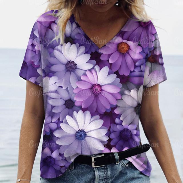 Damen T-Shirt Sommer 3D Blumen T-Shirt Übergröße Damenbekleidung Übergroßes Designer Kurzarmshirt Damen V-Ausschnitt Bluse 4XL von Joom DACH