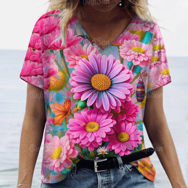 Damen T-Shirt Sommer 3D Blumen T-Shirt Übergröße Damenbekleidung Übergroßes Designer Kurzarmshirt Damen V-Ausschnitt Bluse 8XL von Joom DACH