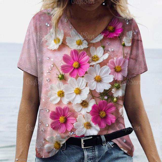 Damen T-Shirt Sommer 3D Blumen T-Shirt Übergröße Damenbekleidung Übergroßes Designer Kurzarmshirt Damen V-Ausschnitt Bluse XL von Joom DACH