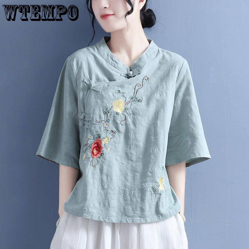 Damen T-Shirt Sommer Kurzarm Bluse Stehkragen Locker Mode Vintage Bestickte Nationale Stil Strickjacke Damen Tops Übergröße 4XL grün von Joom DACH