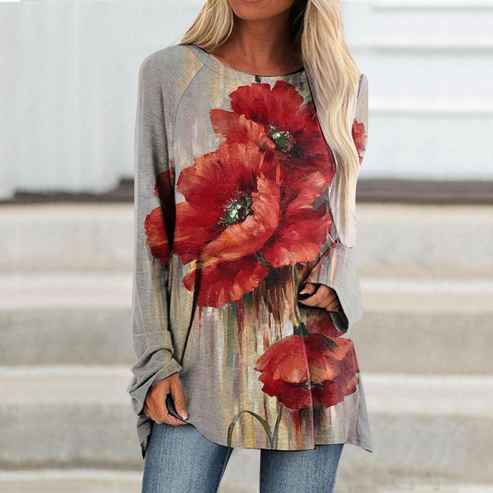 Damen T-Shirt Street Langarm Kleidung Modisches Oberteil Lockere Freizeitkleidung Herbst Und Winter Bedrucktes Oberteil Rundhals T-Shirt 8xl von Joom DACH