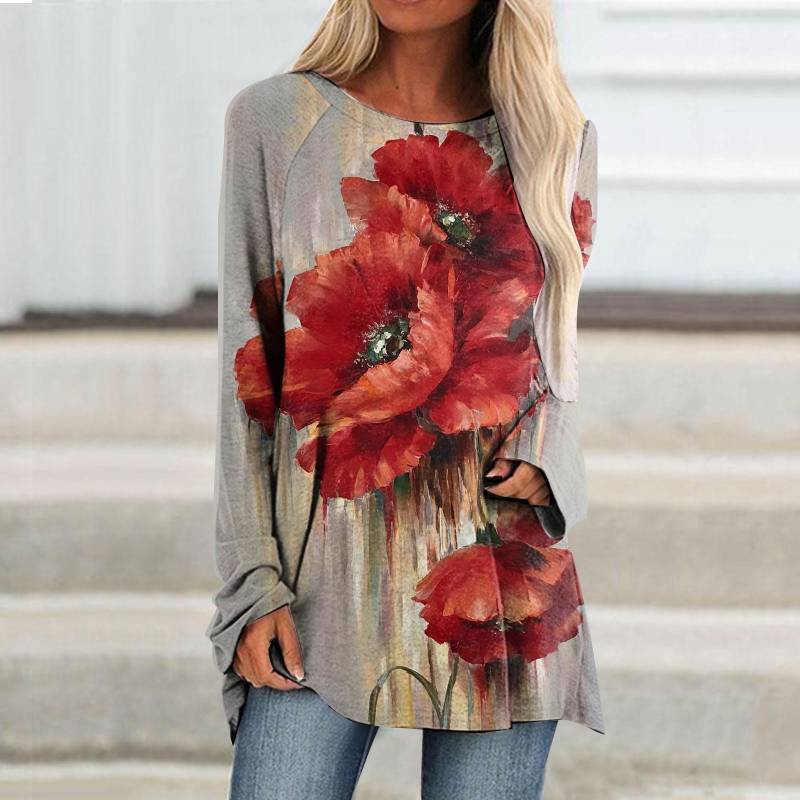 Damen T-Shirt Street Langarm Kleidung Modisches Oberteil Lockere Freizeitkleidung Herbst Und Winter Bedrucktes Oberteil Rundhals T-Shirt 8xl von Joom DACH