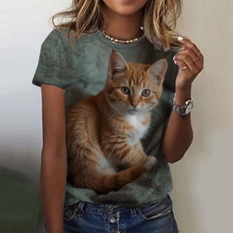 Damen T-Shirt Tier Süße Katze 3D Gedruckt Übergroßes T-Shirt Sommer Neue Mode Damen Kleidung Y2k Weibliche Tops Mädchen Tees 2XL von Joom DACH