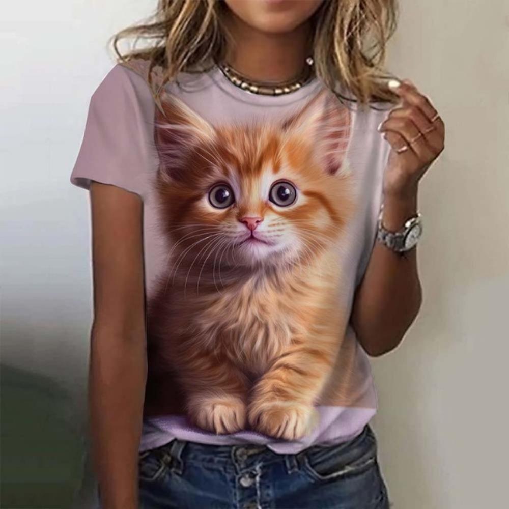 Damen T-Shirt Tier Süße Katze 3D Gedruckt Übergroßes T-Shirt Sommer Neue Mode Damen Kleidung Y2k Weibliche Tops Mädchen Tees 2XL von Joom DACH