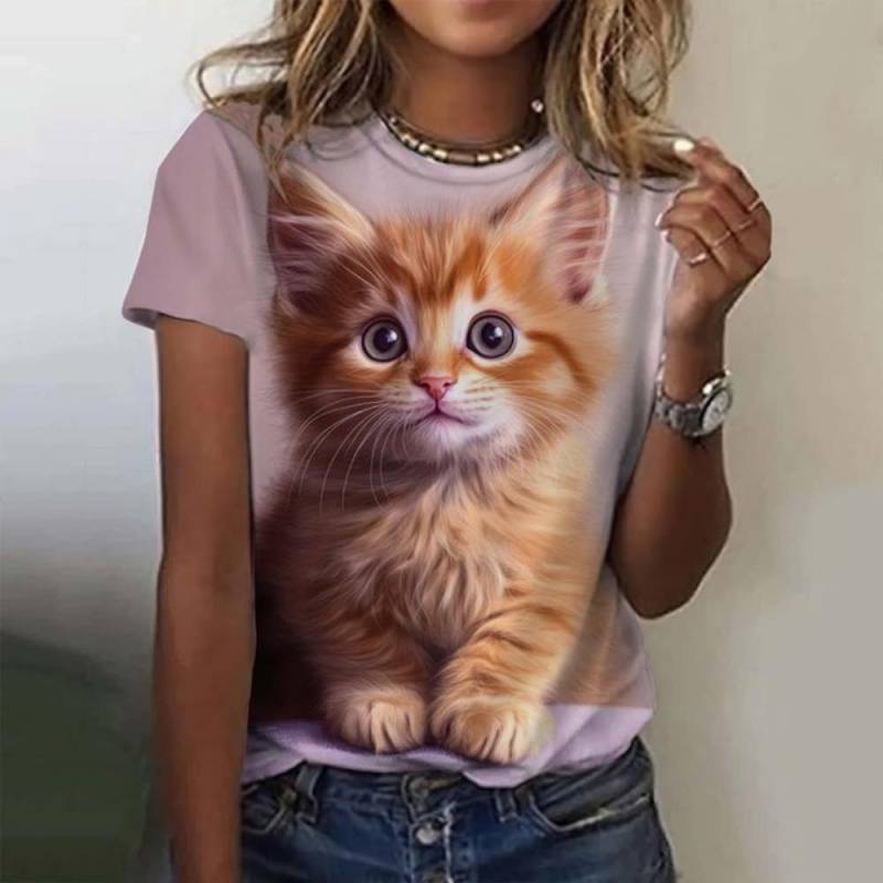 Damen T-Shirt Tier Süße Katze 3D Gedruckt Übergroßes T-Shirt Sommer Neue Mode Damen Kleidung Y2k Weibliche Tops Mädchen Tees 2XL von Joom DACH