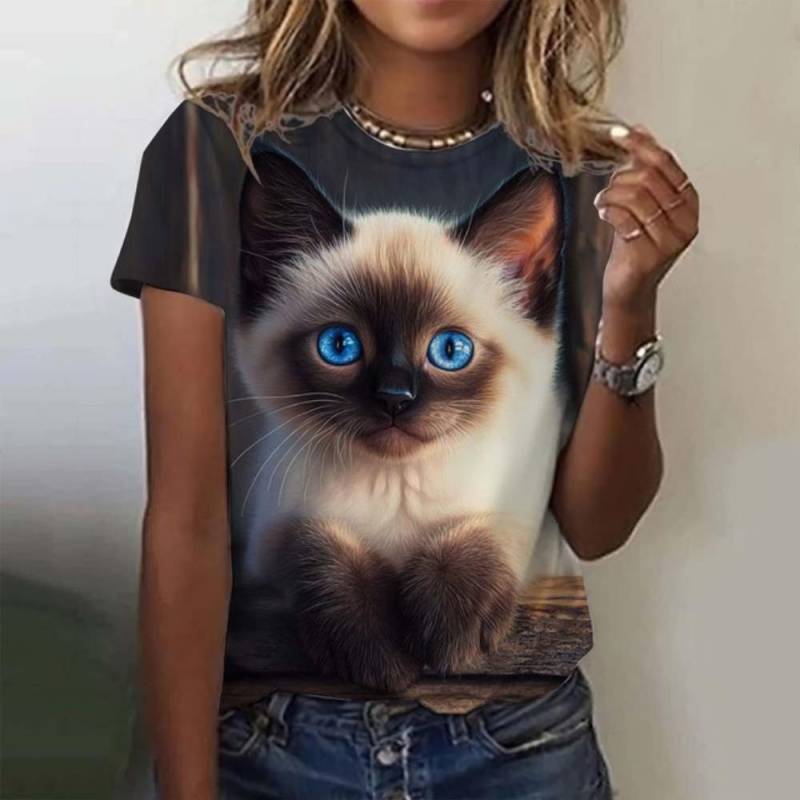 Damen T-Shirt Tier Süße Katze 3D Gedruckt Übergroßes T-Shirt Sommer Neue Mode Damen Kleidung Y2k Weibliche Tops Mädchen Tees 8XL von Joom DACH