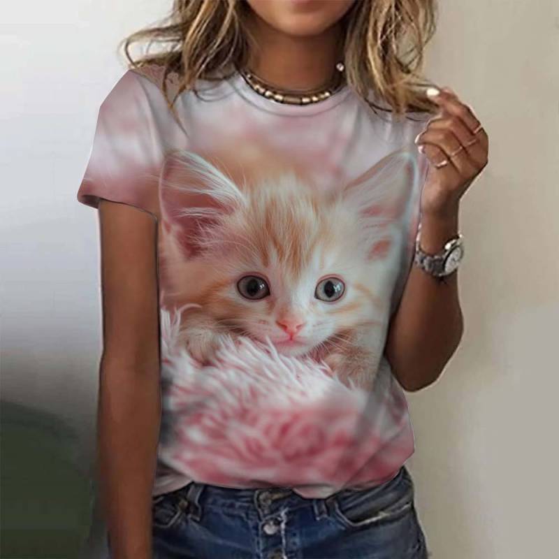 Damen T-Shirt Tier Süße Katze 3D Gedruckt Übergroßes T-Shirt Sommer Neue Mode Damen Kleidung Y2k Weibliche Tops Mädchen Tees M von Joom DACH