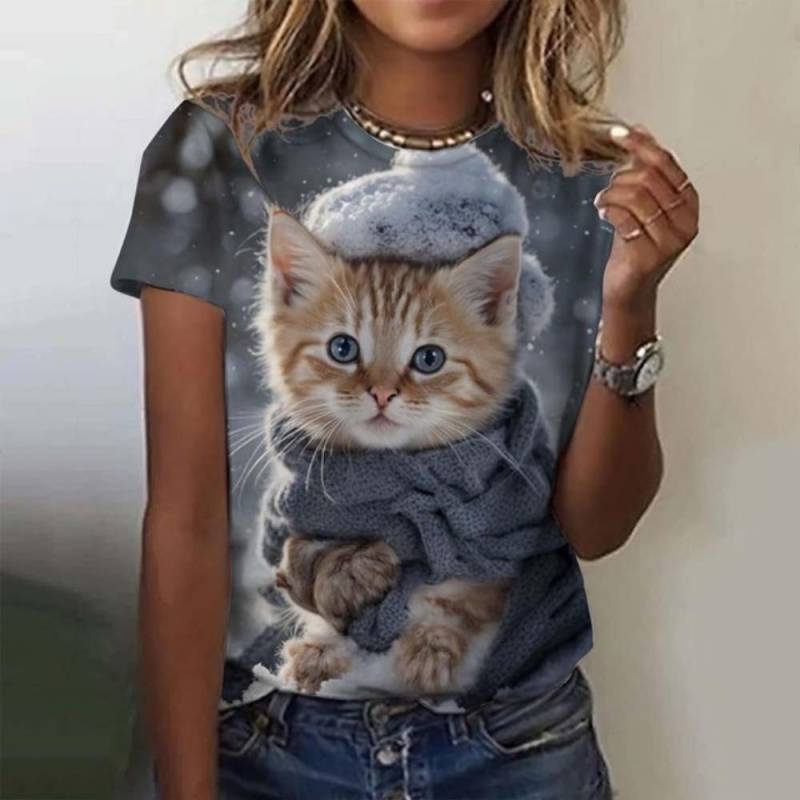 Damen T-Shirt Tier Süße Katze 3D Gedruckt Übergroßes T-Shirt Sommer Neue Mode Damen Kleidung Y2k Weibliche Tops Mädchen Tees M von Joom DACH