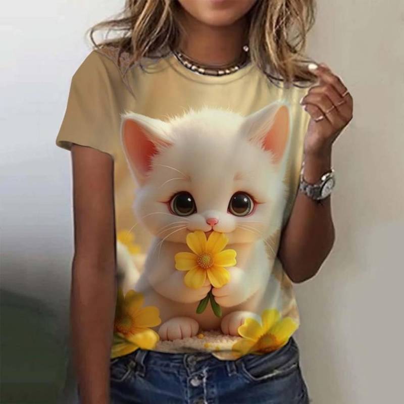 Damen T-Shirt Tier Süße Katze 3D Gedruckt Übergroßes T-Shirt Sommer Neue Mode Damen Kleidung Y2k Weibliche Tops Mädchen Tees S von Joom DACH