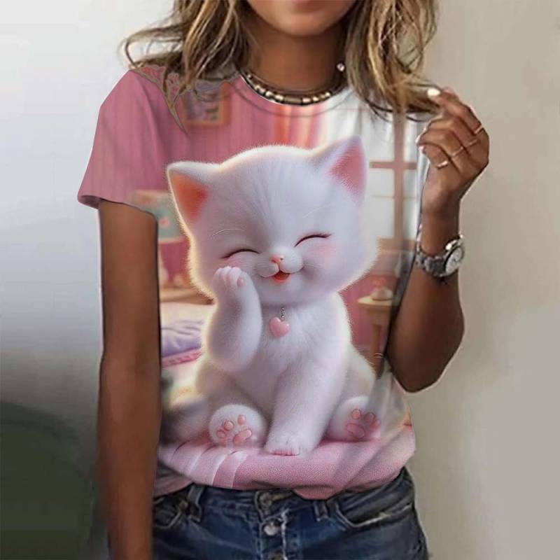 Damen T-Shirt Tier Süße Katze 3D Gedruckt Übergroßes T-Shirt Sommer Neue Mode Damen Kleidung Y2k Weibliche Tops Mädchen Tees S von Joom DACH