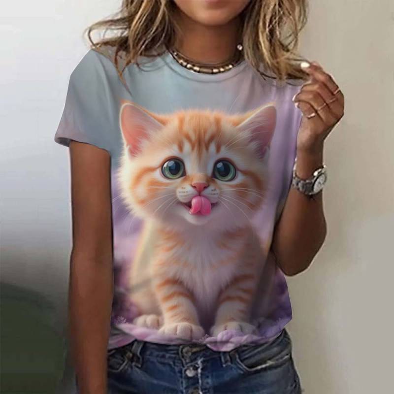 Damen T-Shirt Tier Süße Katze 3D Gedruckt Übergroßes T-Shirt Sommer Neue Mode Damen Kleidung Y2k Weibliche Tops Mädchen Tees XL von Joom DACH