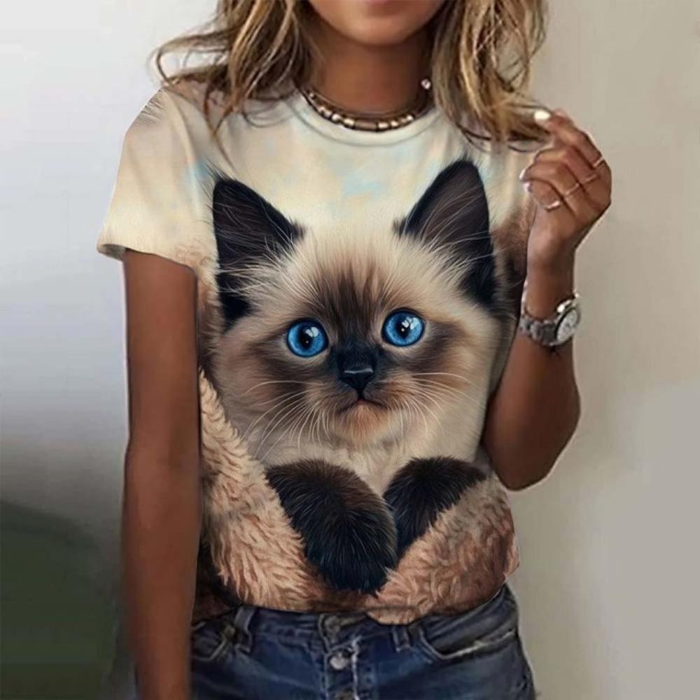 Damen T-Shirt Tier Süße Katze 3D Gedruckt Übergroßes T-Shirt Sommer Neue Mode Damen Kleidung Y2k Weibliche Tops Mädchen Tees XL von Joom DACH