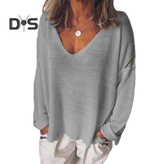 Damen T-Shirt V-Ausschnitt Langarm Loose Fit T-Shirt Einfarbig Atmungsaktiv Lässig Pullover Tops Alltagskleidung 2XL licht grau von Joom DACH