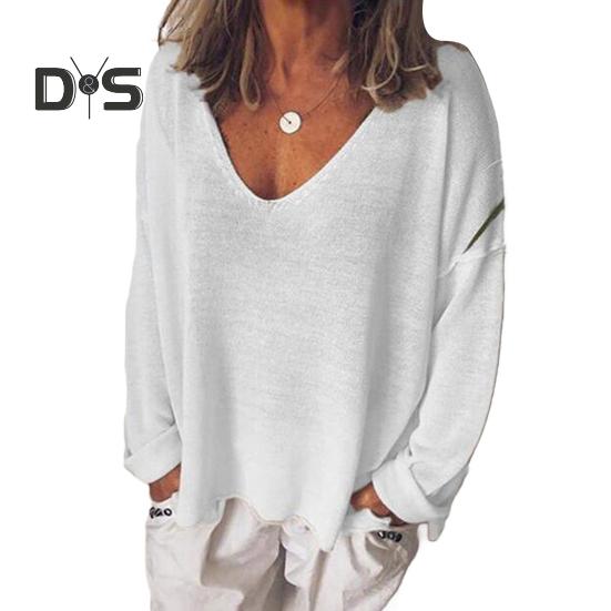 Damen T-Shirt V-Ausschnitt Langarm Loose Fit T-Shirt Einfarbig Atmungsaktiv Lässig Pullover Tops Alltagskleidung 2XL weiß von Joom DACH