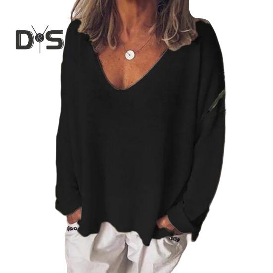 Damen T-Shirt V-Ausschnitt Langarm Loose Fit T-Shirt Einfarbig Atmungsaktiv Lässig Pullover Tops Alltagskleidung 2XL schwarz von Joom DACH