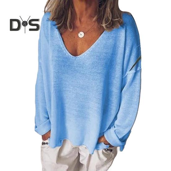 Damen T-Shirt V-Ausschnitt Langarm Loose Fit T-Shirt Einfarbig Atmungsaktiv Lässig Pullover Tops Alltagskleidung L blau von Joom DACH