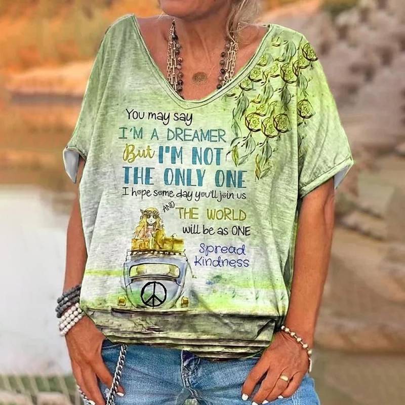 Damen T-Shirt Vintage Briefdruck Kurzarm Tägliches Wochenende Basic Mädchen V-Ausschnitt T-Shirt Weibliche Kleidung Übergroße Sommeroberteile 8XL von Joom DACH