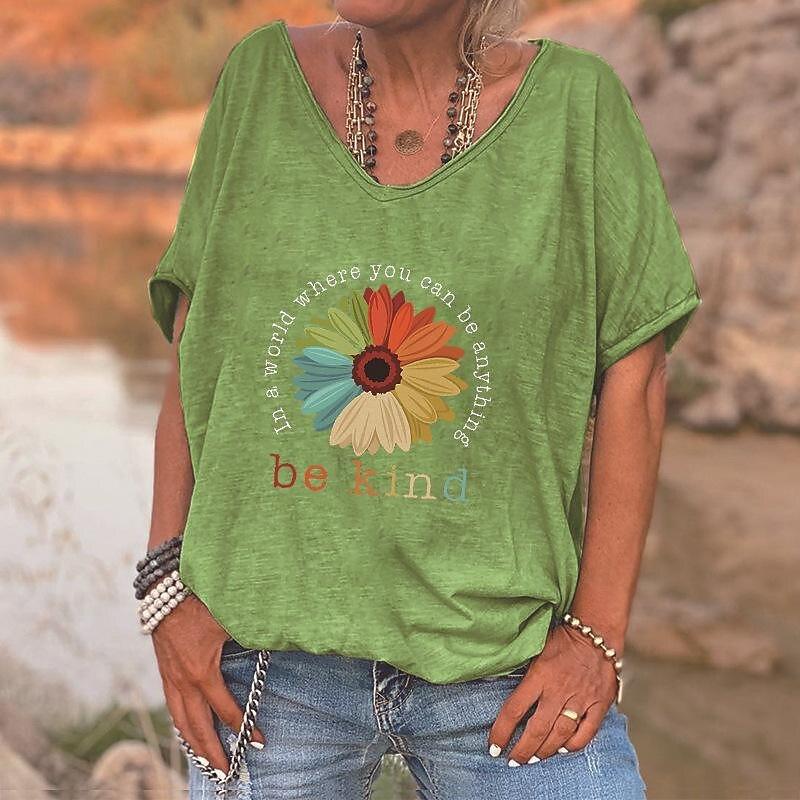 Damen T-Shirt Vintage Briefdruck Kurzarm Tägliches Wochenende Basic Mädchen V-Ausschnitt T-Shirt Weibliche Kleidung Übergroße Sommeroberteile XL von Joom DACH