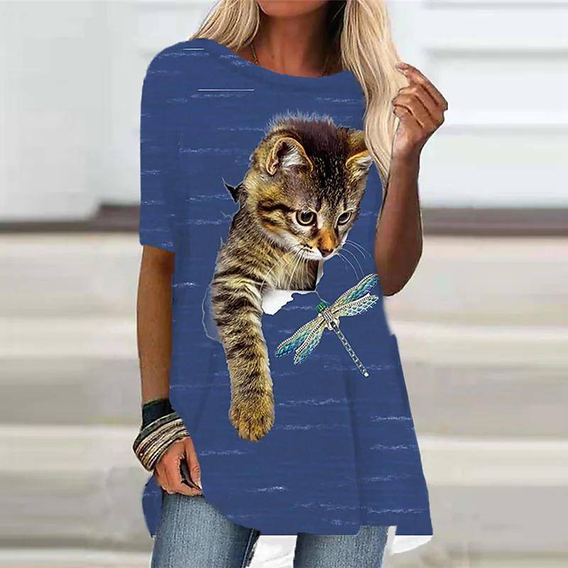 Damen T-Shirt Weiß Schwarz Kurzarm Katze Tierdruck T-Shirt Frühling Sommer Rundhals Mode Casual Modern Oberteile M von Joom DACH
