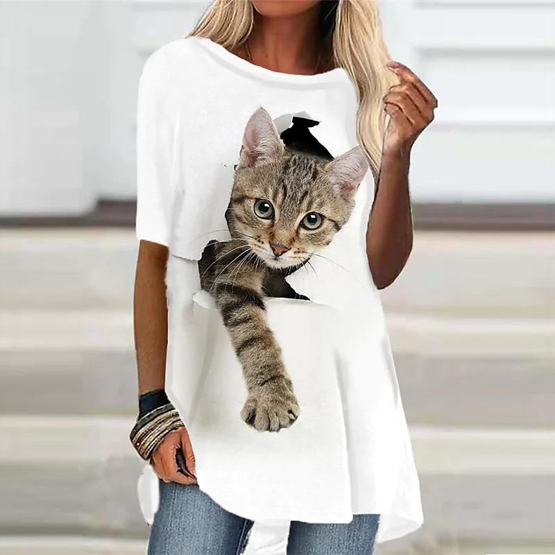 Damen T-Shirt Weiß Schwarz Kurzarm Katze Tierdruck T-Shirt Frühling Sommer Rundhals Mode Casual Modern Oberteile XS von Joom DACH