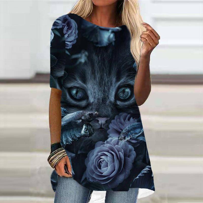 Damen T-Shirt Weiß Schwarz Kurzarm Katze Tierdruck T-Shirt Frühling Sommer Rundhals Mode Casual Modern Oberteile XXXL von Joom DACH