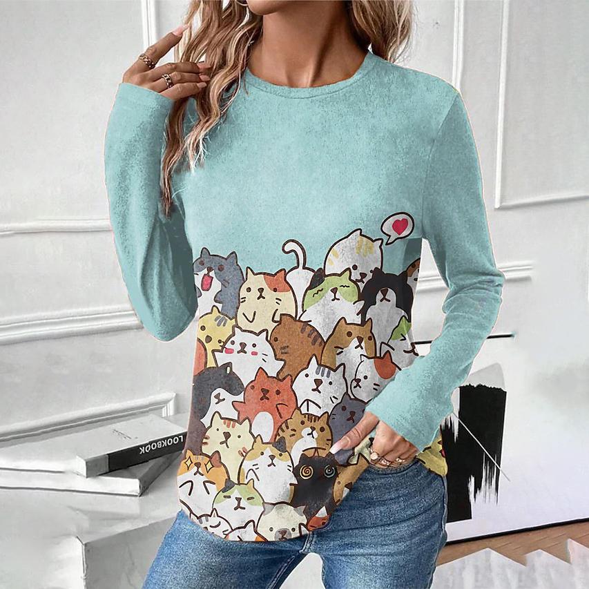Damen T-Shirt aus Baumwolle, Herbst, Langarm, Katzen-Print, Street Fashion, O-Ausschnitt, Cartoon-T-Shirt, weibliche Übergröße, lässige Oberteile 3XL von Joom DACH