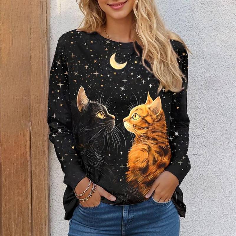 Damen T-Shirt aus Baumwolle, Herbst, Langarm, Katzen-Print, Street Fashion, O-Ausschnitt, Cartoon-T-Shirt, weibliche Übergröße, lässige Oberteile 4XL von Joom DACH