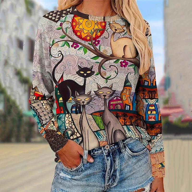 Damen T-Shirt aus Baumwolle, Herbst, Langarm, Katzen-Print, Street Fashion, O-Ausschnitt, Cartoon-T-Shirt, weibliche Übergröße, lässige Oberteile 6XL von Joom DACH