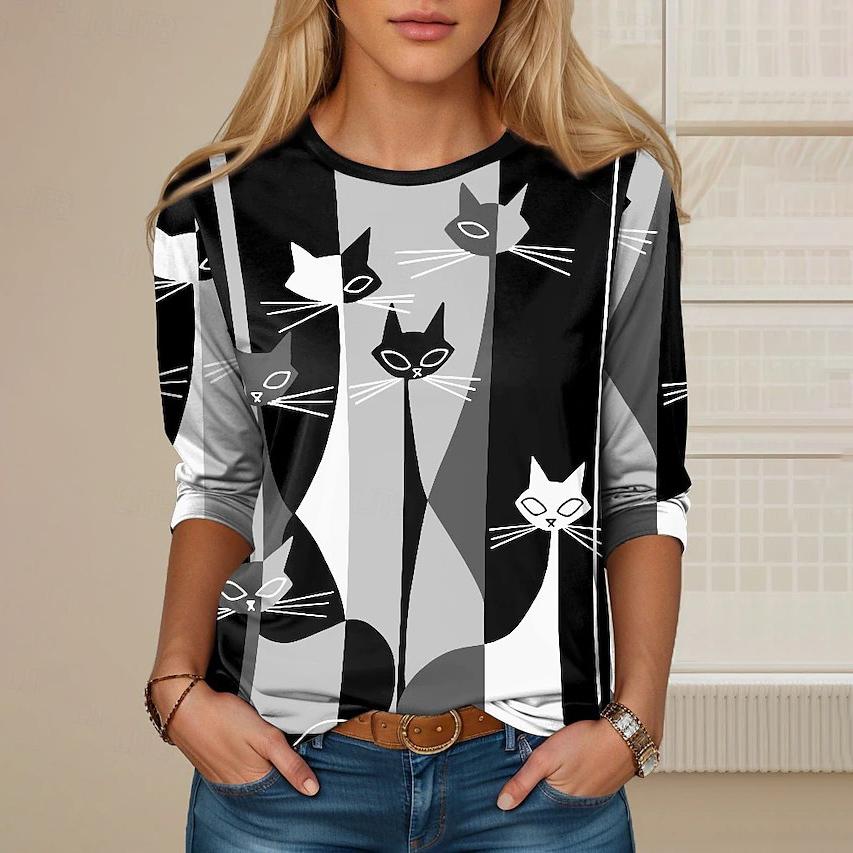 Damen T-Shirt aus Baumwolle, Herbst, Langarm, Katzen-Print, Street Fashion, O-Ausschnitt, Cartoon-T-Shirt, weibliche Übergröße, lässige Oberteile S von Joom DACH