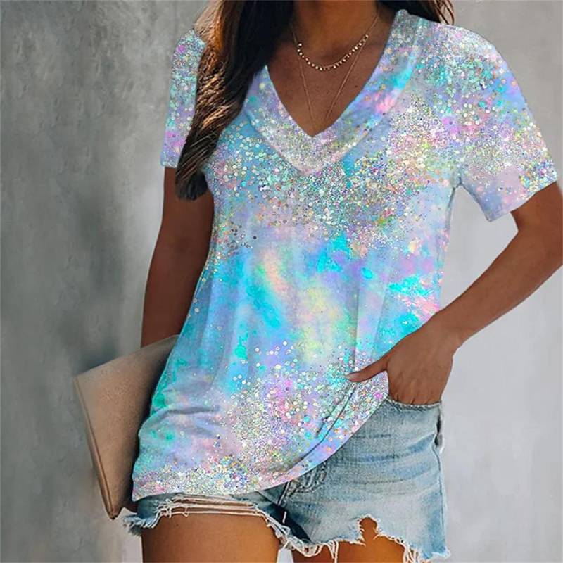 Damen T-Shirt mit Farbverlauf, 3D-Druck, kurzärmelig, V-Ausschnitt, Tops, T-Shirts, Sommer, lässige Mode, weibliches T-Shirt, Übergröße für Damen 6XL von Joom DACH