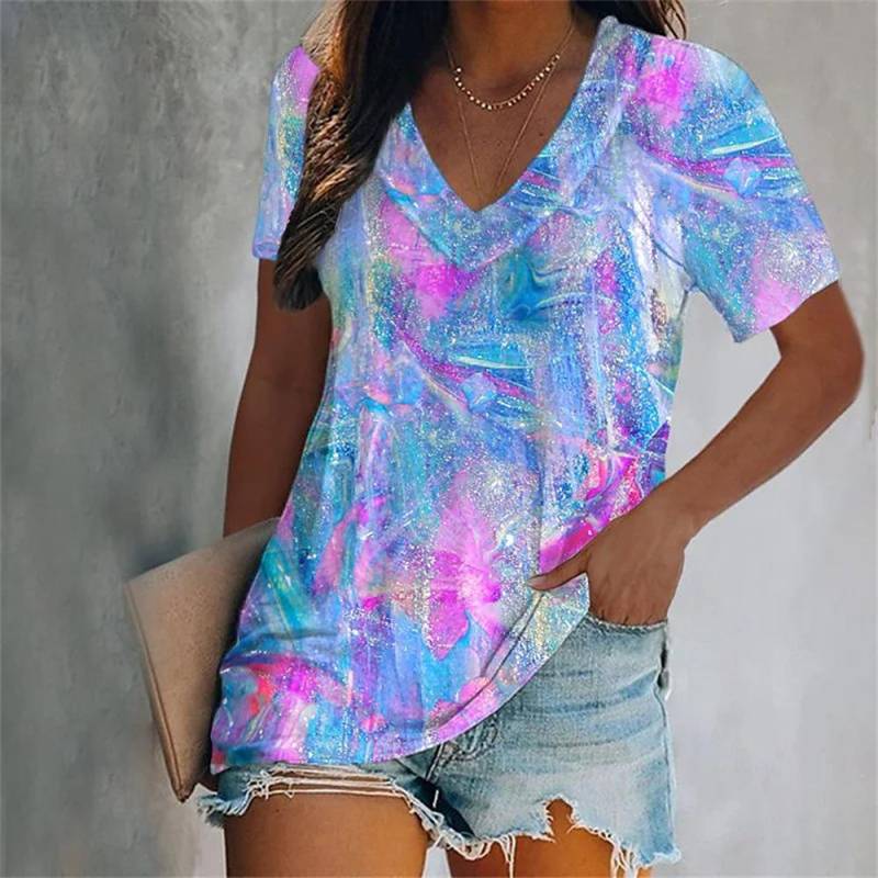 Damen T-Shirt mit Farbverlauf, 3D-Druck, kurzärmelig, V-Ausschnitt, Tops, T-Shirts, Sommer, lässige Mode, weibliches T-Shirt, Übergröße für Damen M von Joom DACH