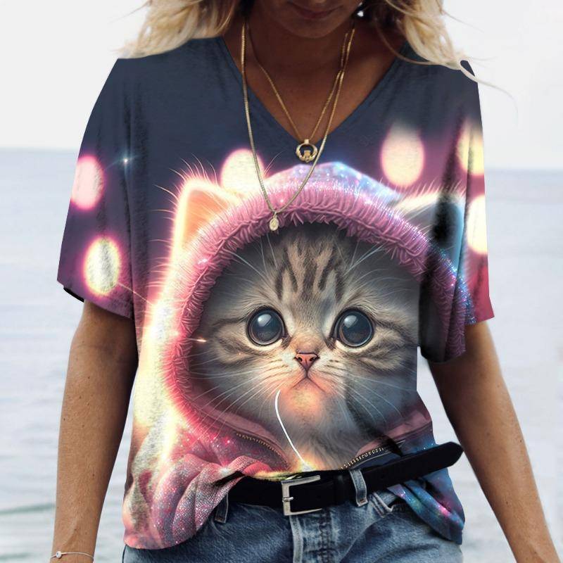 Damen T-Shirt mit V-Ausschnitt und 3D-Digitaldruck, süße Katze, modisch, kurzärmelig, lässig, atmungsaktiv, schnelltrocknende Kleidung 5XL von Joom DACH