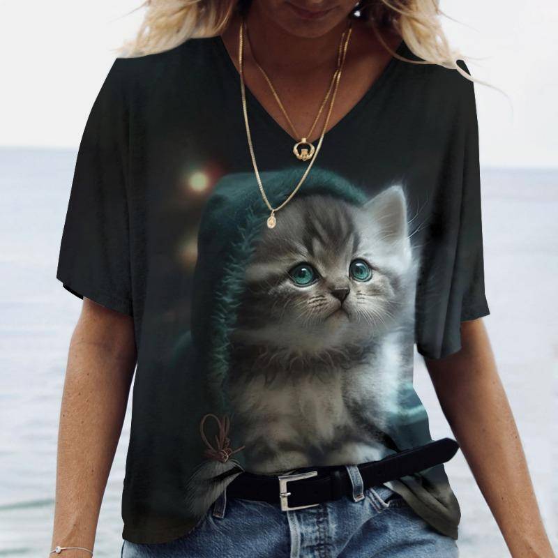 Damen T-Shirt mit V-Ausschnitt und 3D-Digitaldruck, süße Katze, modisch, kurzärmelig, lässig, atmungsaktiv, schnelltrocknende Kleidung 5XL Damen T-Shirt mit V-Ausschnitt und 3D-Digitaldruck, süße Katze, modisch, kurzärmelig, lässig, atmungsaktiv, schnelltrocknende Kleidung 5XL von Joom DACH