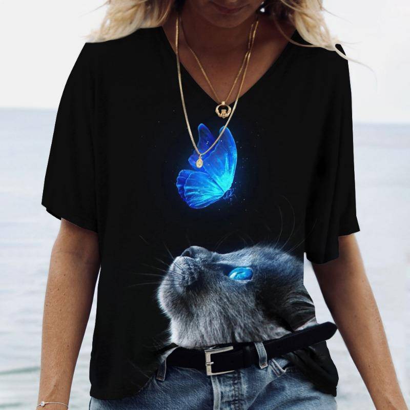 Damen T-Shirt mit V-Ausschnitt und 3D-Digitaldruck, süße Katze, modisch, kurzärmelig, lässig, atmungsaktiv, schnelltrocknende Kleidung 5XL von Joom DACH