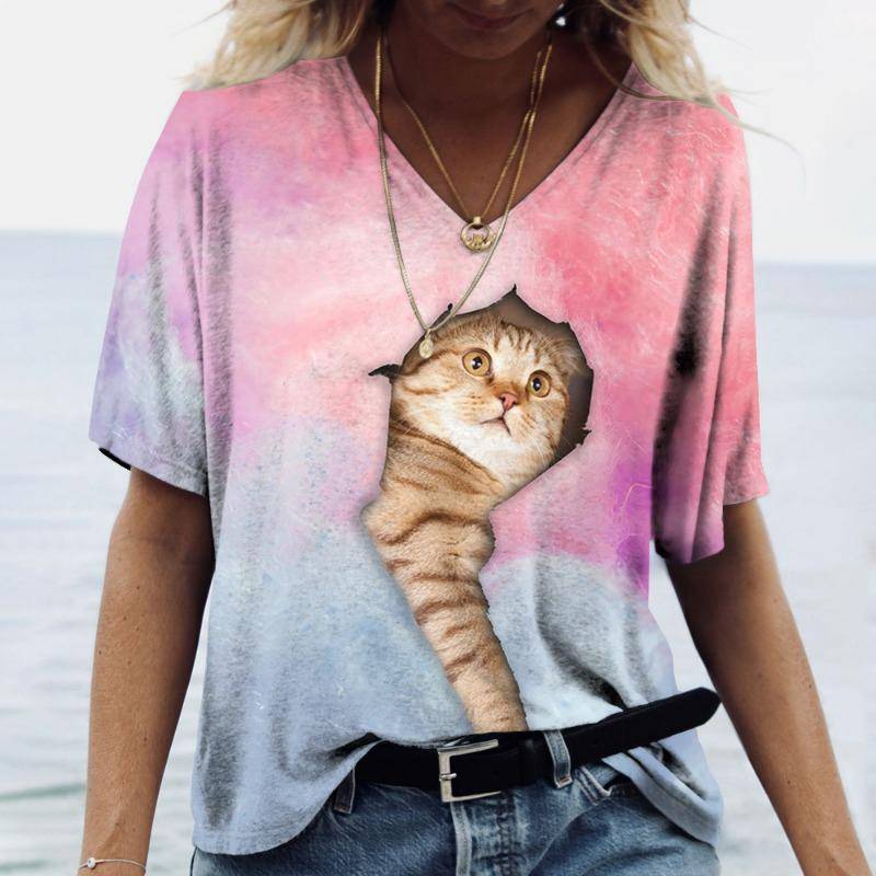 Damen T-Shirt mit V-Ausschnitt und 3D-Digitaldruck, süße Katze, modisch, kurzärmelig, lässig, atmungsaktiv, schnelltrocknende Kleidung 5XL von Joom DACH