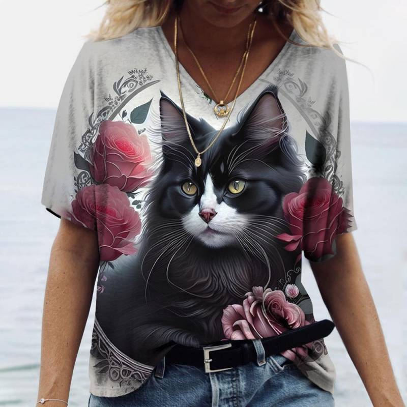 Damen T-Shirt mit V-Ausschnitt und 3D-Digitaldruck, süße Katze, modisch, kurzärmelig, lässig, atmungsaktiv, schnelltrocknende Kleidung 5XL von Joom DACH