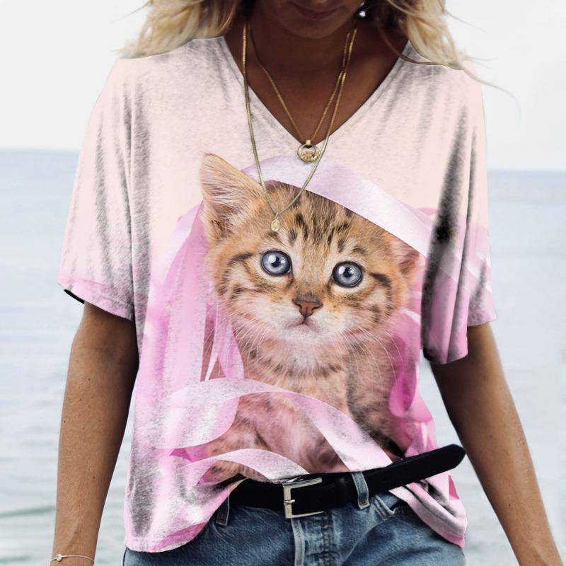 Damen T-Shirt mit V-Ausschnitt und 3D-Digitaldruck, süße Katze, modisch, kurzärmelig, lässig, atmungsaktiv, schnelltrocknende Kleidung L Damen T-Shirt mit V-Ausschnitt und 3D-Digitaldruck, süße Katze, modisch, kurzärmelig, lässig, atmungsaktiv, schnelltrocknende Kleidung L von Joom DACH