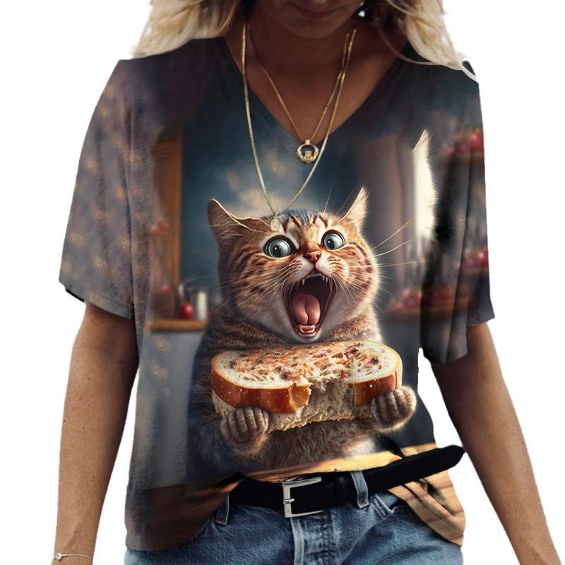 Damen T-Shirt mit V-Ausschnitt und 3D-Digitaldruck, süße Katze, modisch, kurzärmelig, lässig, atmungsaktiv, schnelltrocknende Kleidung XL von Joom DACH