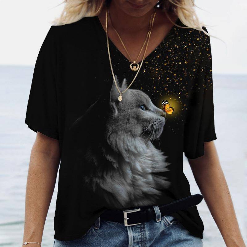 Damen T-Shirt mit V-Ausschnitt und 3D-Digitaldruck, süße Katze, modisch, kurzärmelig, lässig, atmungsaktiv, schnelltrocknende Kleidung XL von Joom DACH