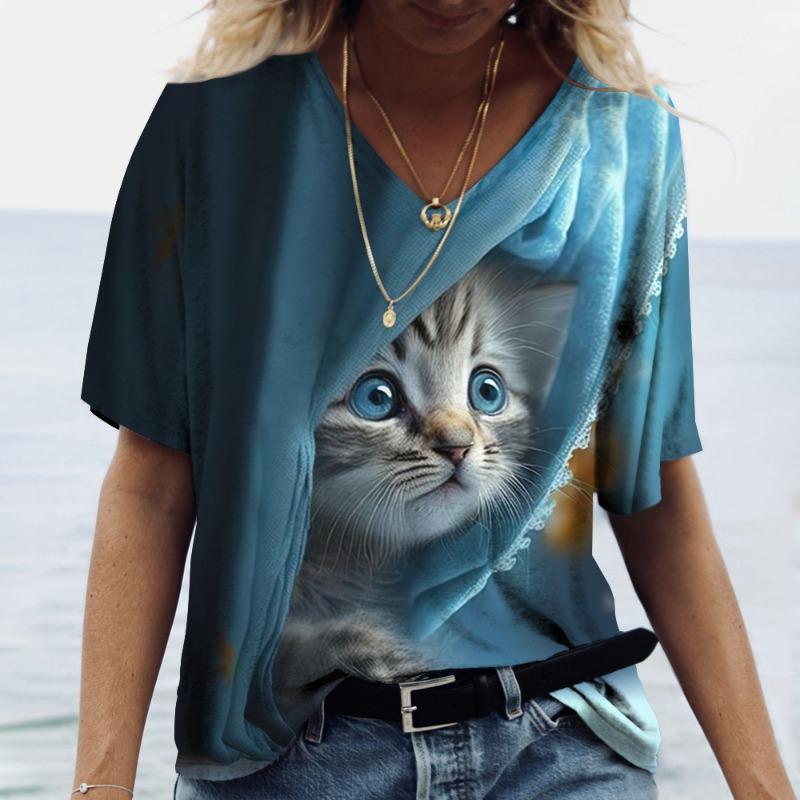 Damen T-Shirt mit V-Ausschnitt und 3D-Digitaldruck, süße Katze, modisch, kurzärmelig, lässig, atmungsaktiv, schnelltrocknende Kleidung XXL von Joom DACH