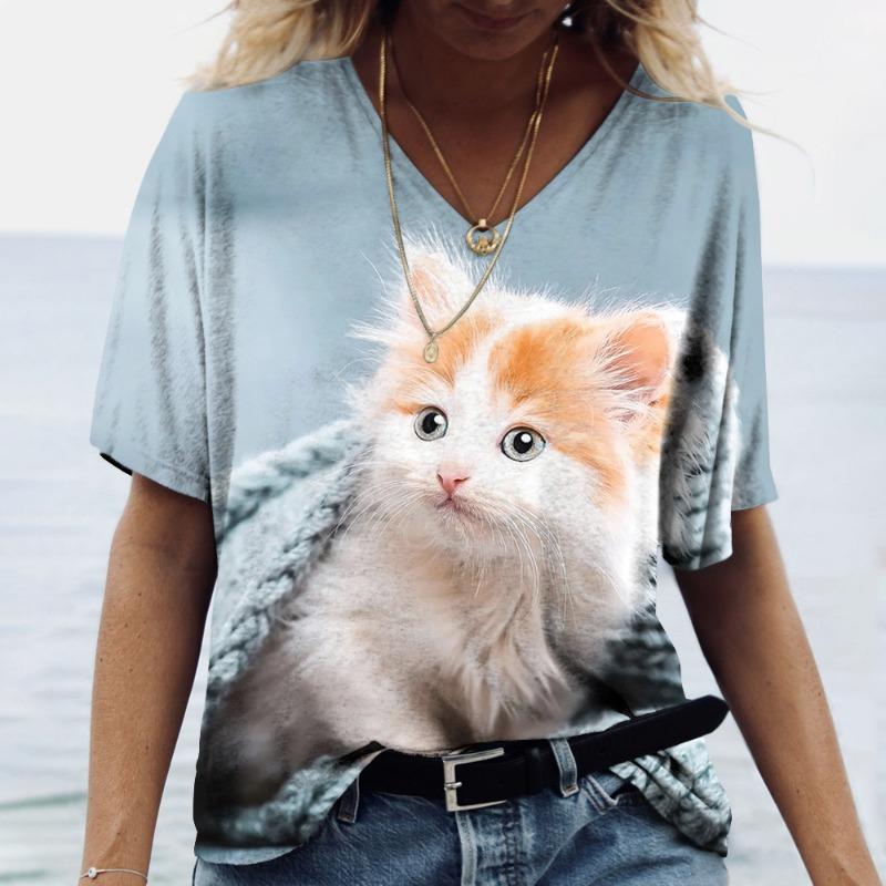 Damen T-Shirt mit V-Ausschnitt und 3D-Digitaldruck, süße Katze, modisch, kurzärmelig, lässig, atmungsaktiv, schnelltrocknende Kleidung XXL von Joom DACH