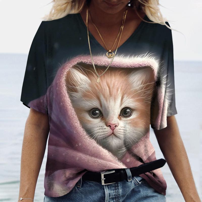 Damen T-Shirt mit V-Ausschnitt und 3D-Digitaldruck, süße Katze, modisch, kurzärmelig, lässig, atmungsaktiv, schnelltrocknende Kleidung XXXL von Joom DACH