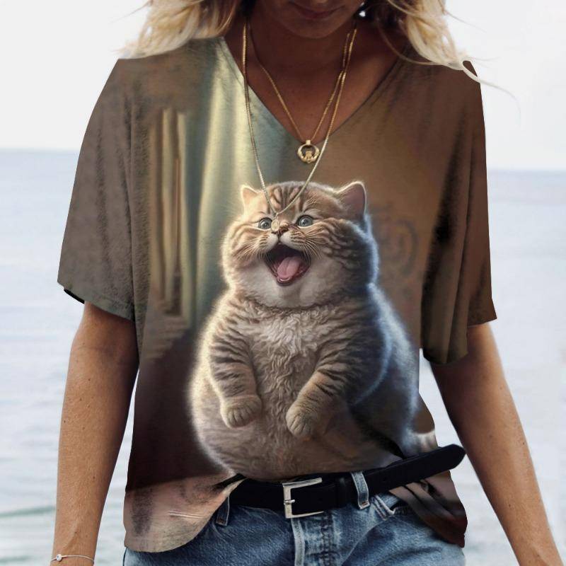 Damen T-Shirt mit V-Ausschnitt und 3D-Digitaldruck, süße Katze, modisch, kurzärmelig, lässig, atmungsaktiv, schnelltrocknende Kleidung XXXL von Joom DACH