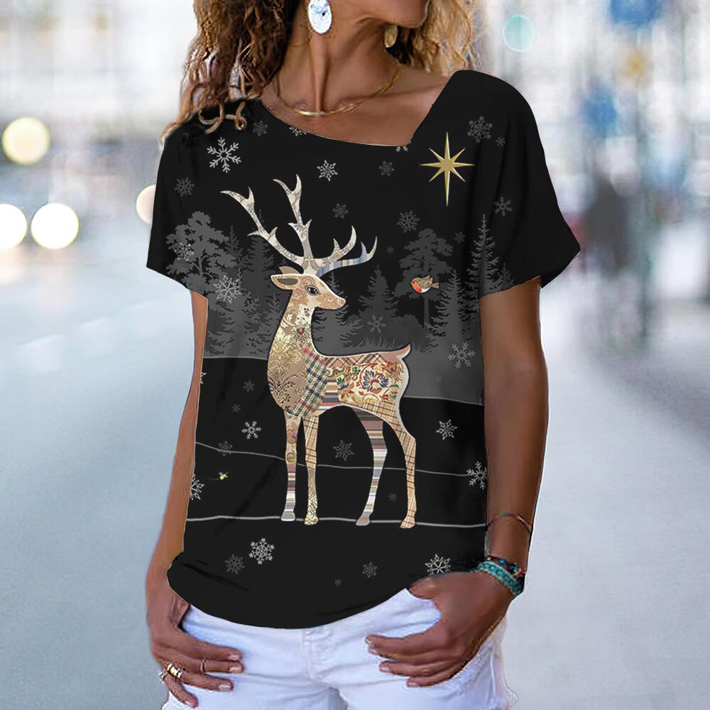 Damen-T-Shirt mit Weihnachts-Elch-Aufdruck, Kawaii-Mode, Damenbekleidung, übergroß, V-Ausschnitt, Damen-Kurzarm-Tops, lässiges Pullover-T-Shirt 5XL von Joom DACH