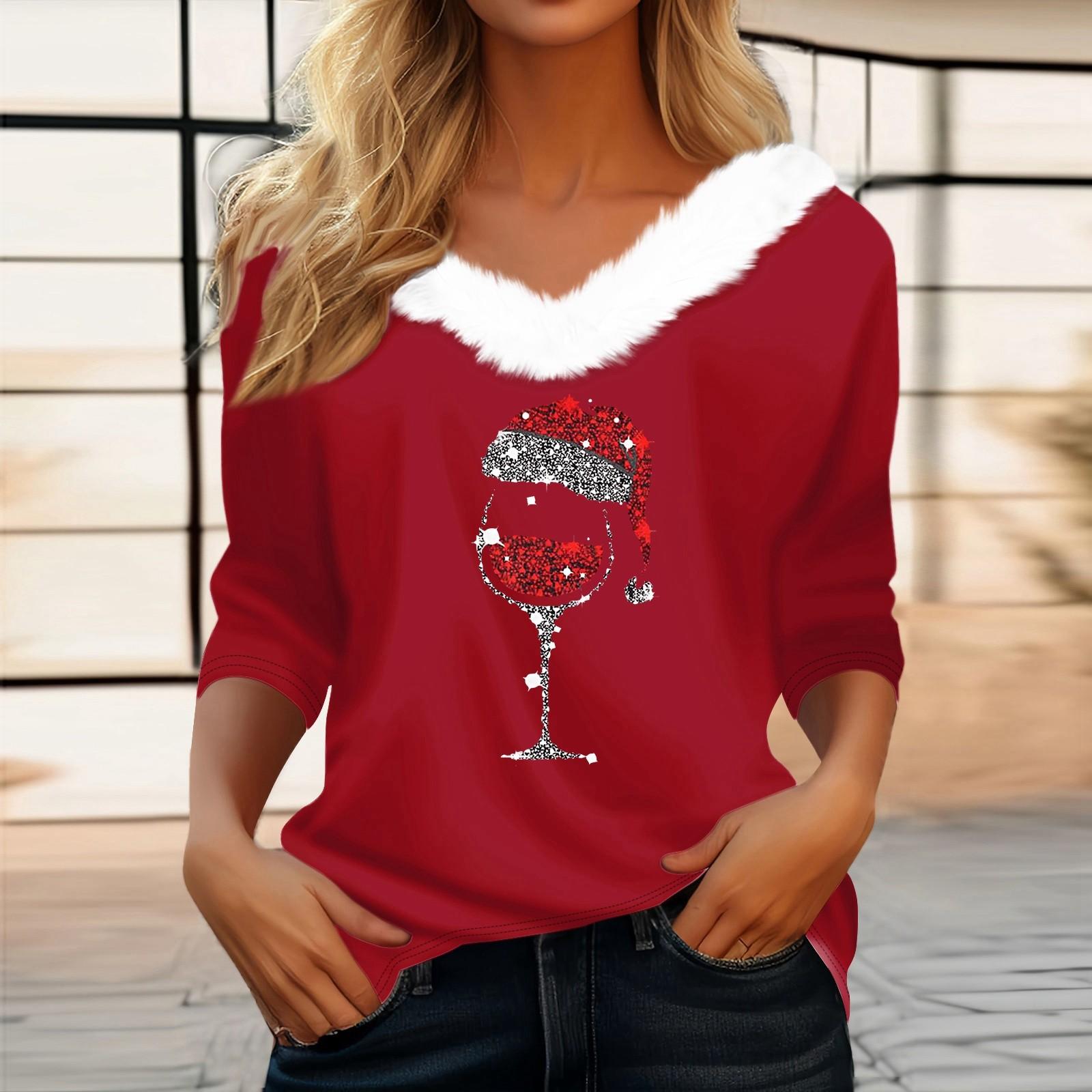 Damen T-Shirt mit Weihnachtsaufdruck, Dreiviertelärmel, Party, Weihnachten, Fleecekragen, V-Ausschnitt L von Joom DACH