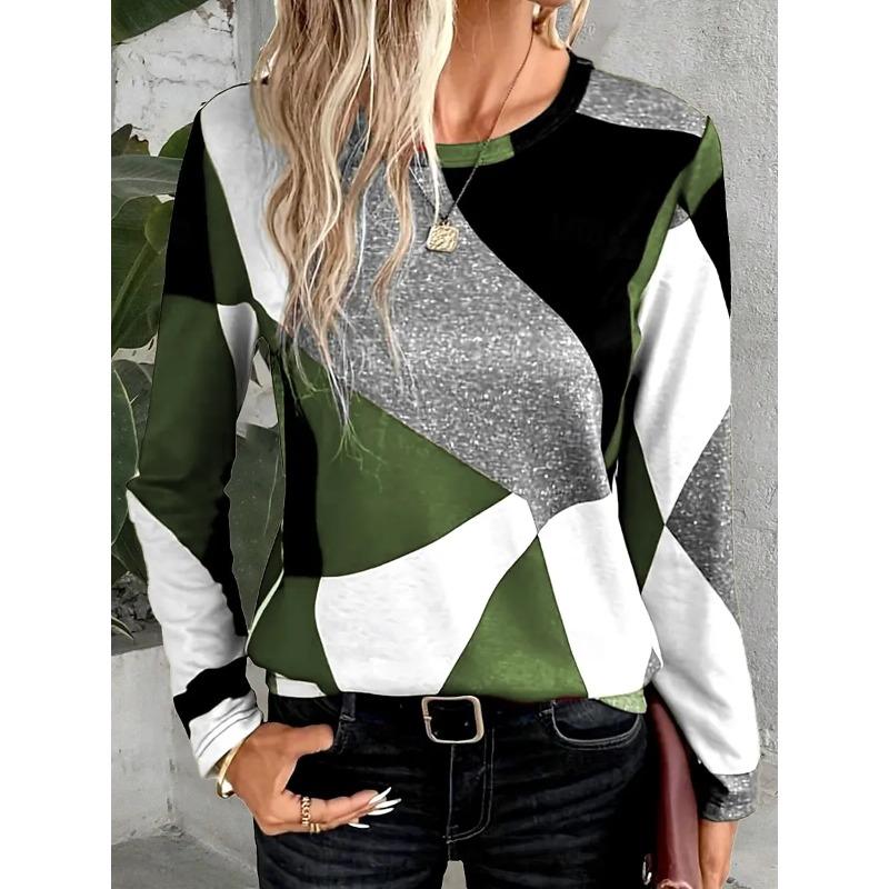 Damen T-Shirts 3D Unregelmäßiger Geometrischer Druck Mode Langärmlig Rundhals Regulär Oberteile Feiertagswochenende Frühling und Herbst XXXL von Joom DACH