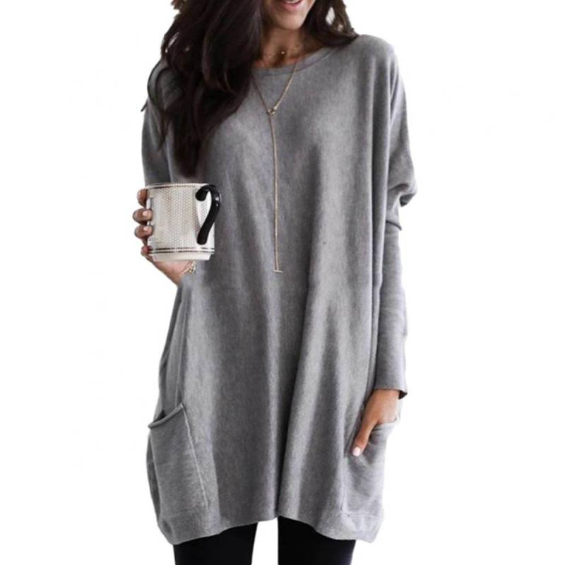 Damen T-Shirts Langarm O-Ausschnitt Damen Blusen Pullover Locker Einfarbig Tasche Frühling Herbst M grau von Joom DACH