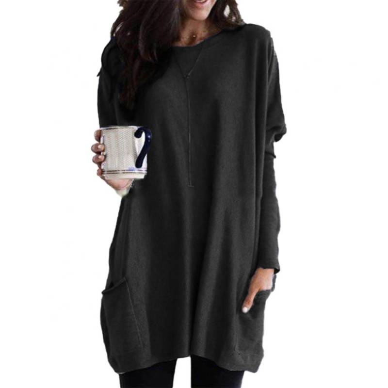 Damen T-Shirts Langarm O-Ausschnitt Damen Blusen Pullover Locker Einfarbig Tasche Frühling Herbst XXXL schwarz von Joom DACH
