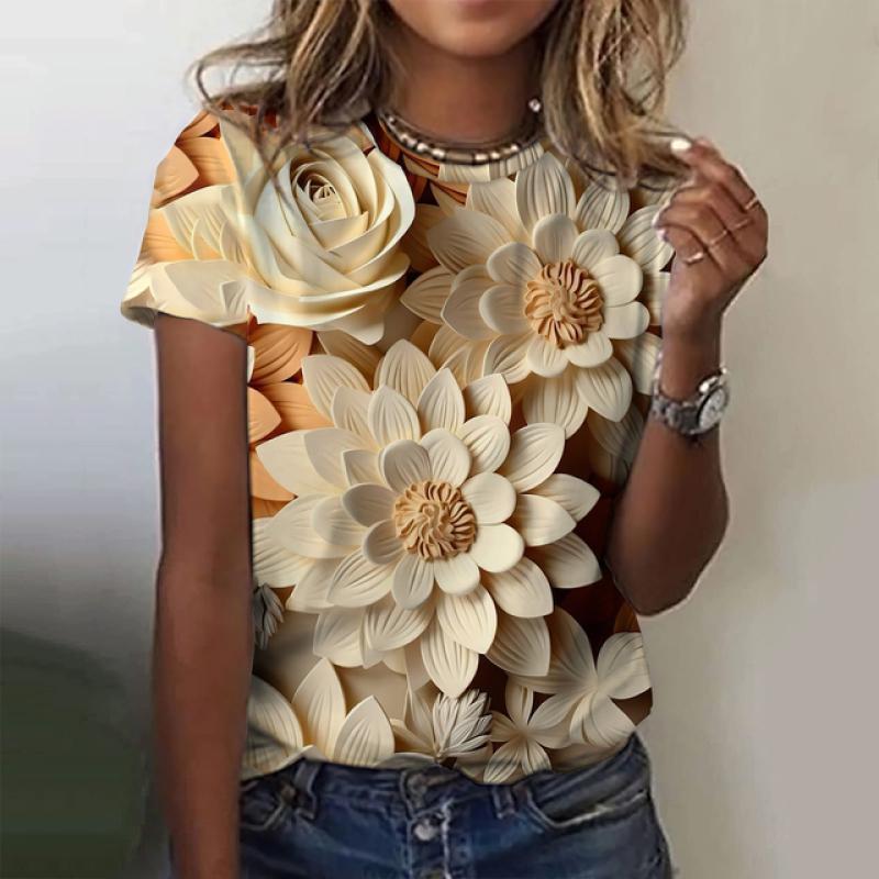 Damen T-Shirts Mode 3D Blumendruck T-Shirt Casual Tees Sommerkleidung Grundlegende weibliche Tops Print Übergroßer Pullover S Damen T-Shirts Mode 3D Blumendruck T-Shirt Casual Tees Sommerkleidung Grundlegende weibliche Tops Print Übergroßer Pullover S von Joom DACH